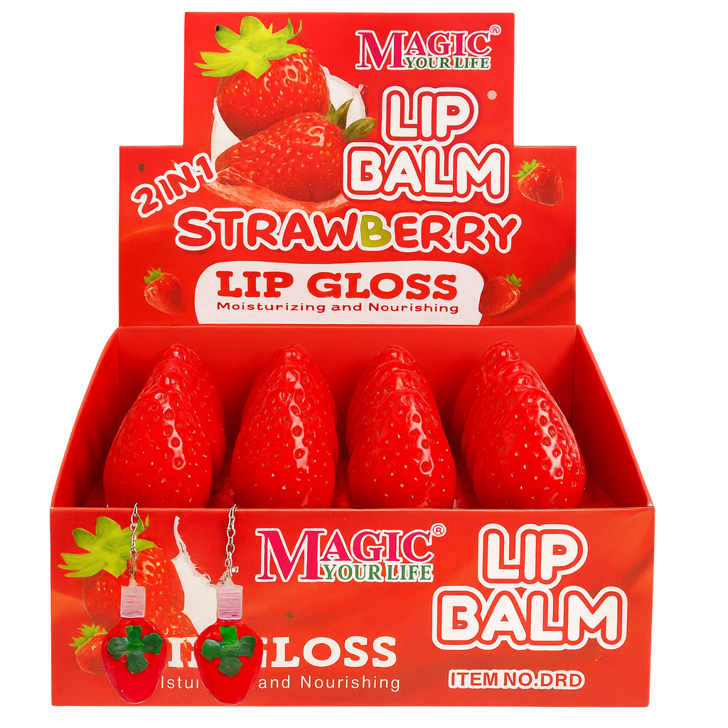 Caja de hidratante de labios fresitas con gloss llavero MAGIC